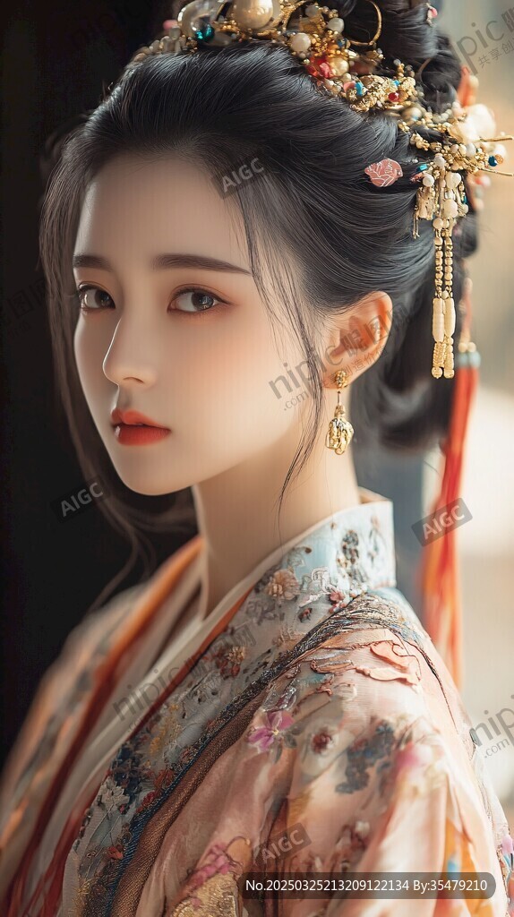 古典佳人著華服簪花戴飾