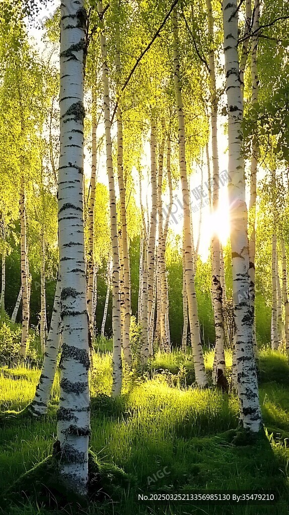 陽光灑落的白樺林美景