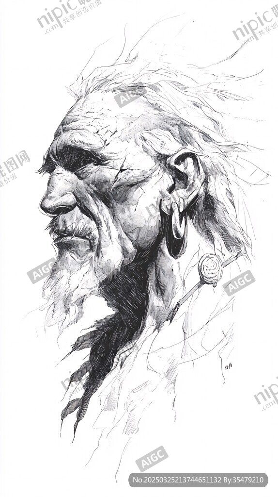 印第安老人素描頭像
