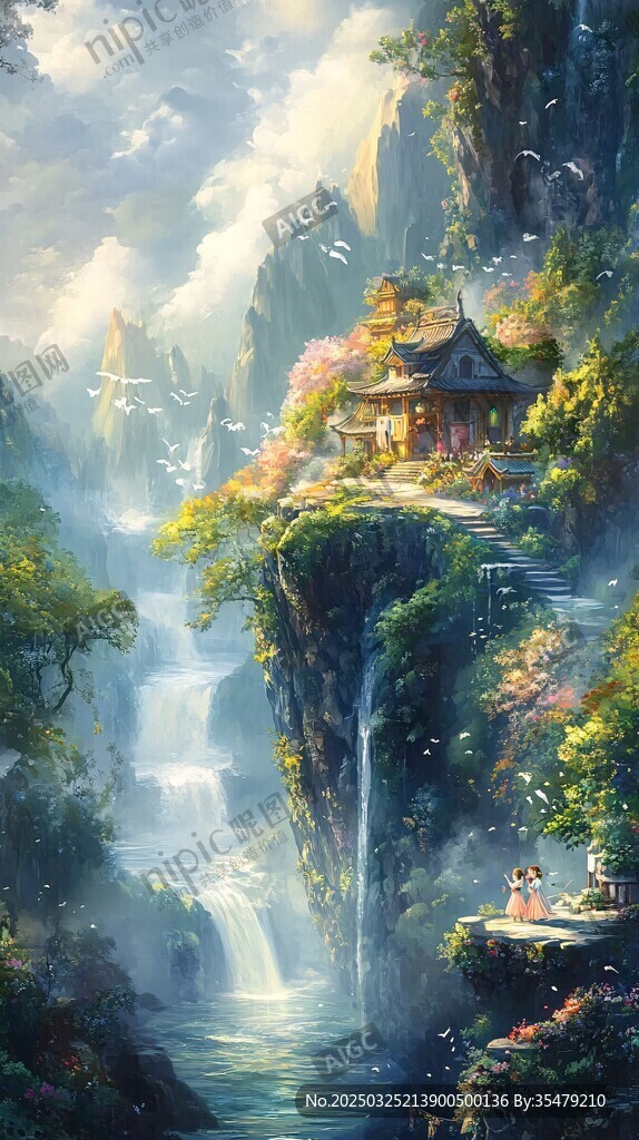 仙境中的古亭與瀑布美景
