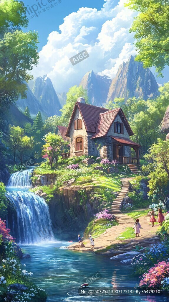 夢幻山間小屋與瀑布美景