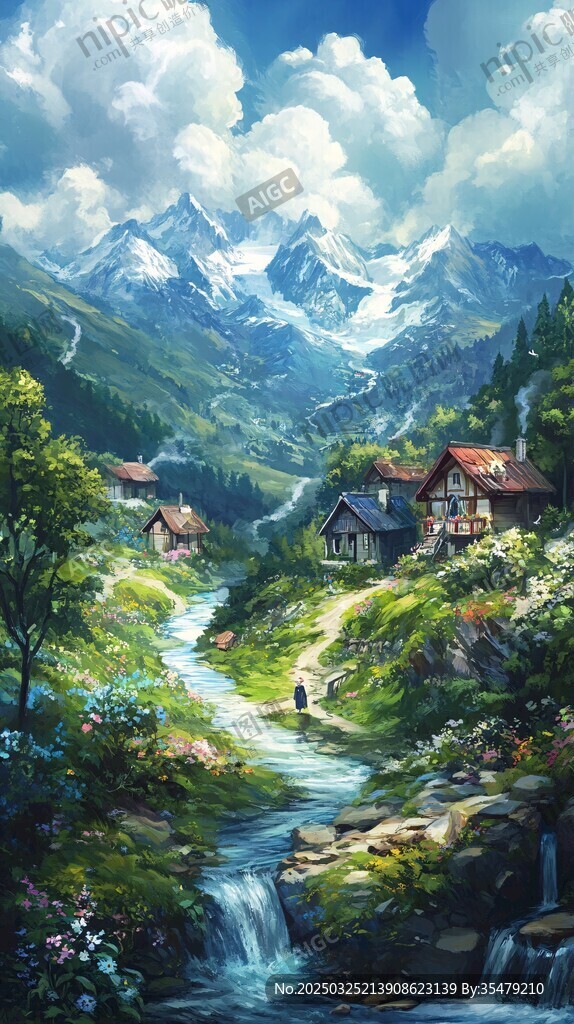 山間村落溪流美景圖