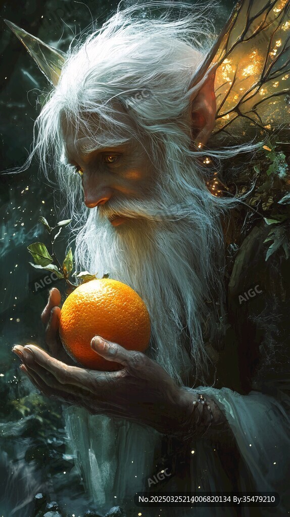 精靈老者捧橙于奇幻之境
