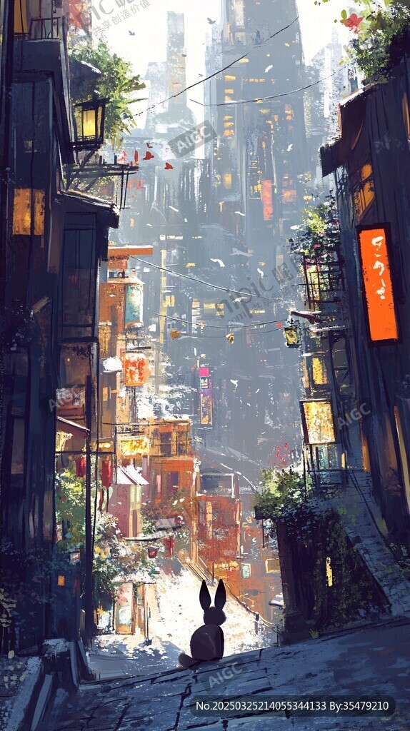 兔子眺望未來科幻城市巷弄