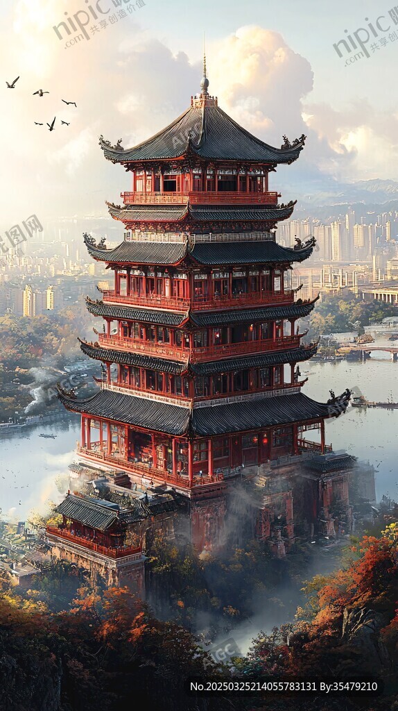 古風塔樓屹立山水之間