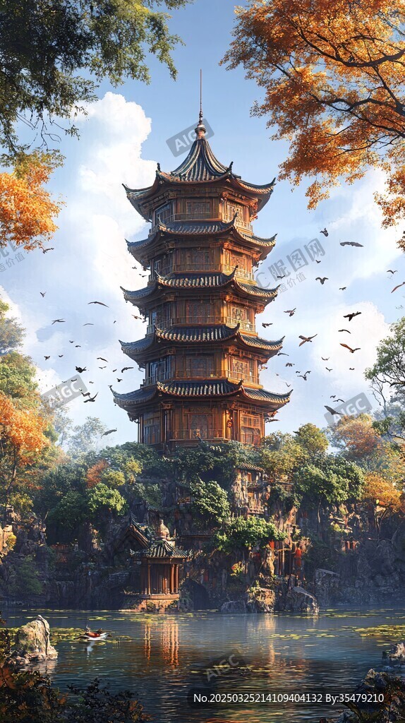 古風寶塔映于湖光秋色間