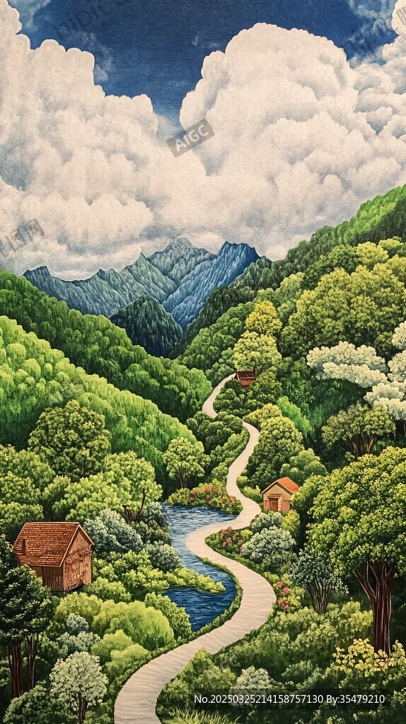 山間幽徑伴綠野小舍
