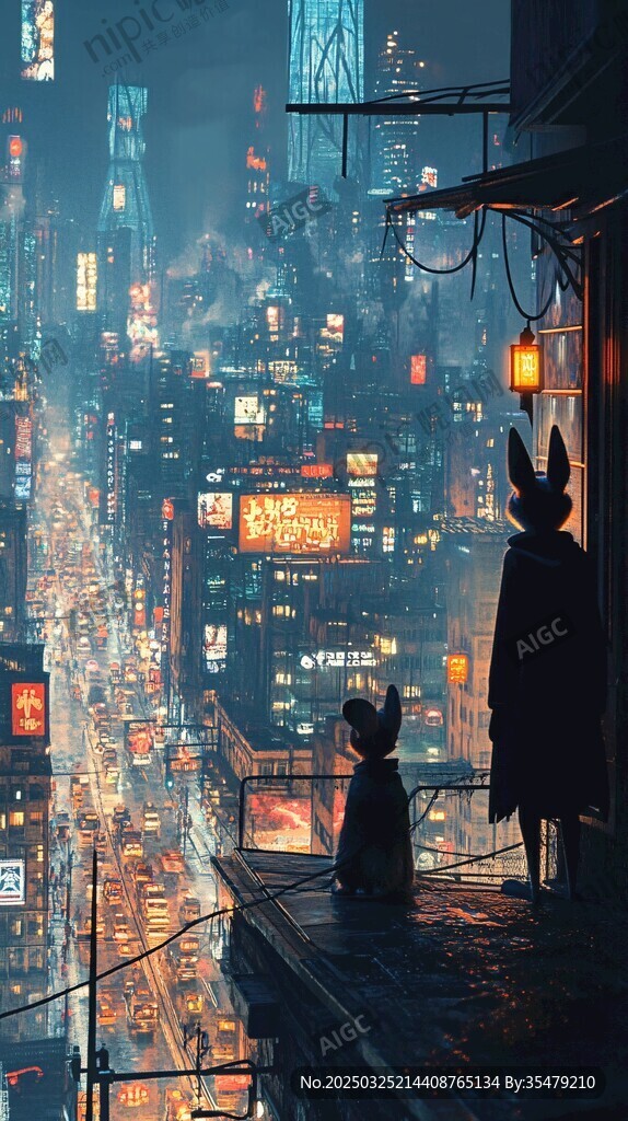 兔子眺望繁華都市夜景