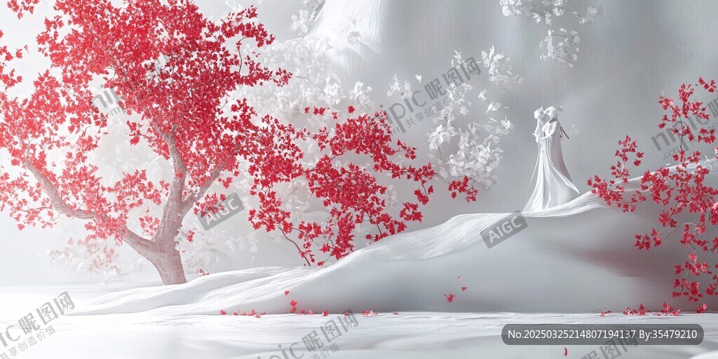雪境紅樹間的古裝人物