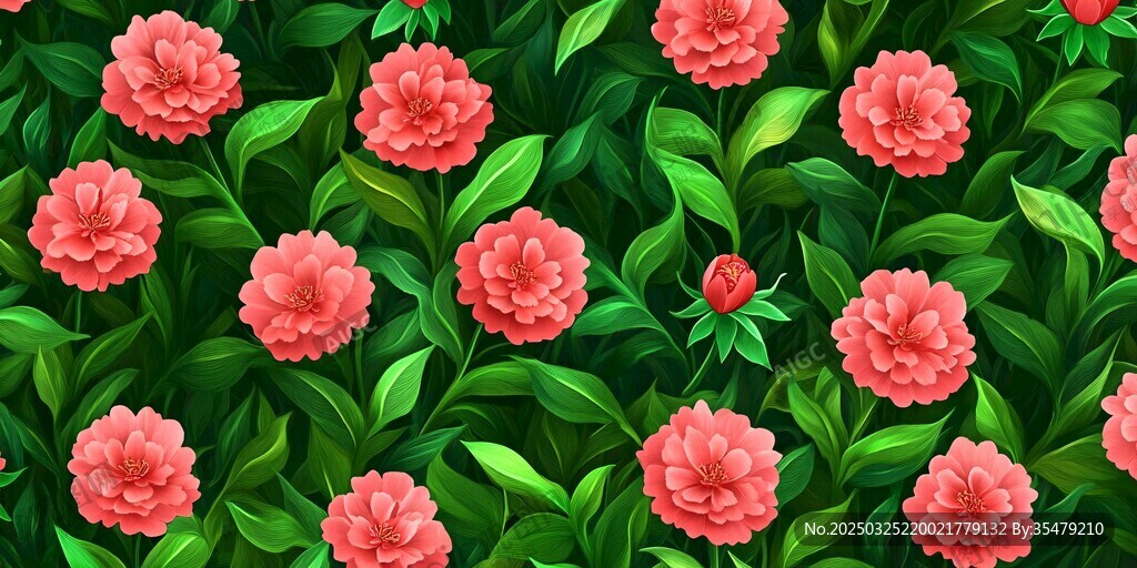 粉色花卉綠葉無(wú)縫圖案