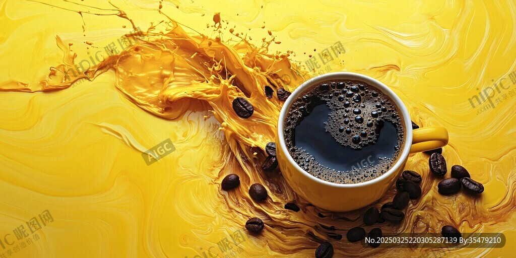 金黃背景中的香濃咖啡杯