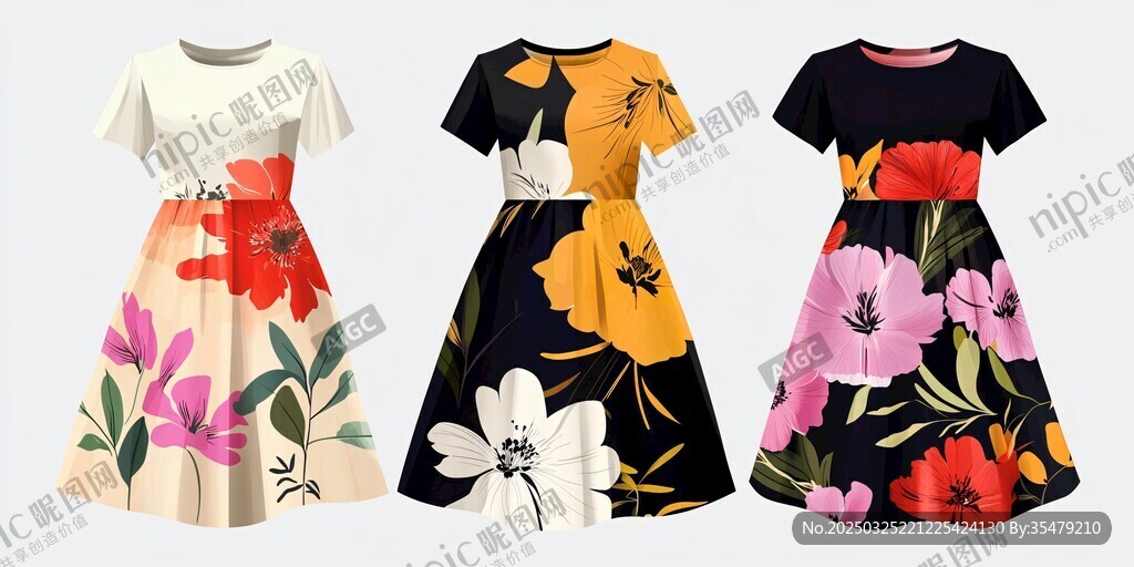 三款花卉圖案連衣裙展示