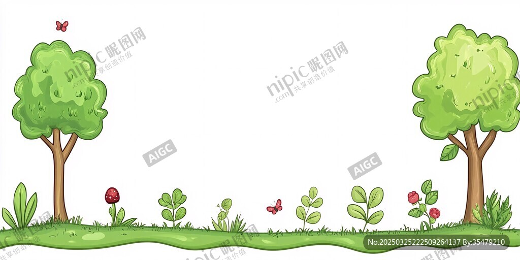 春日草地樹木蝴蝶插畫