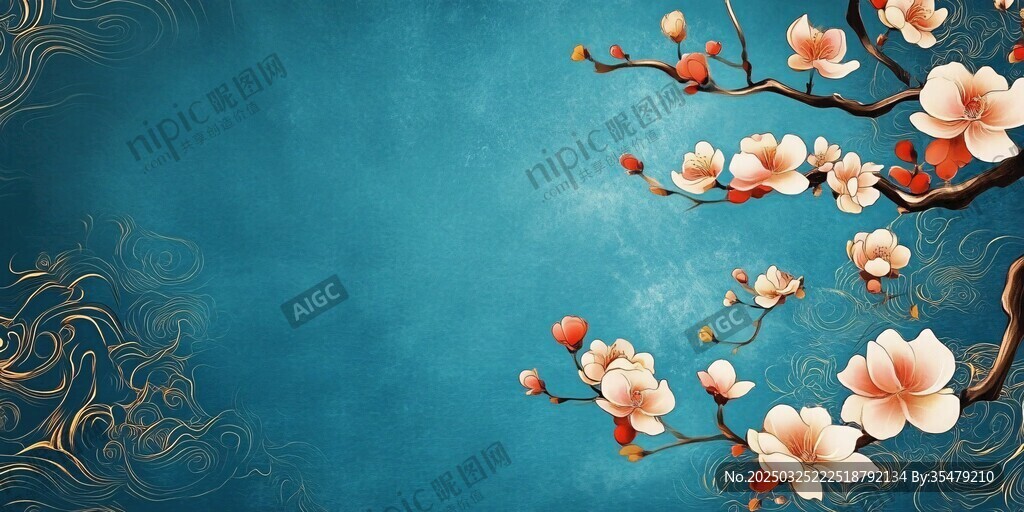 中式藍(lán)底玉蘭花枝背景圖