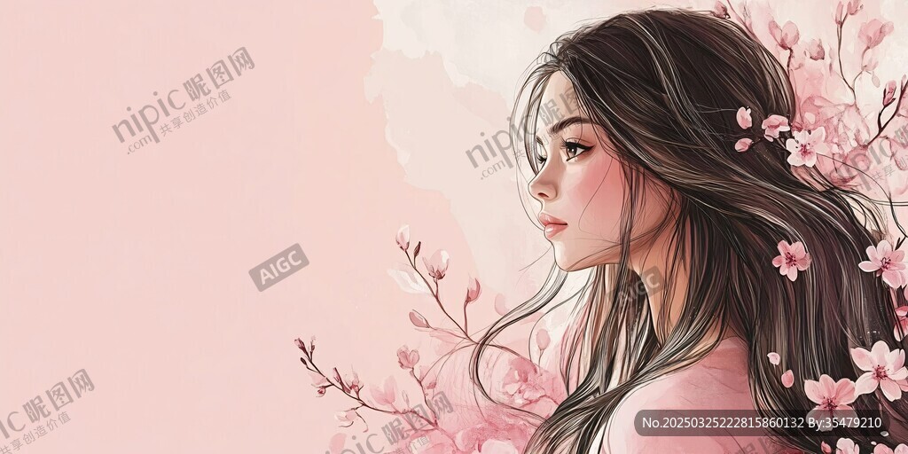 粉櫻下的優(yōu)雅長(zhǎng)發(fā)女子