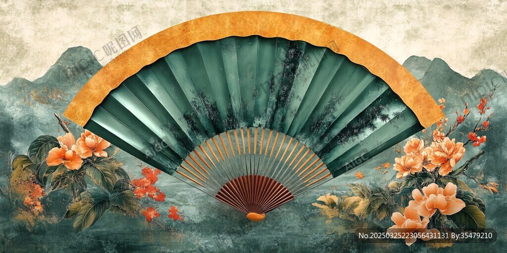 古風(fēng)折扇與花卉山水圖景