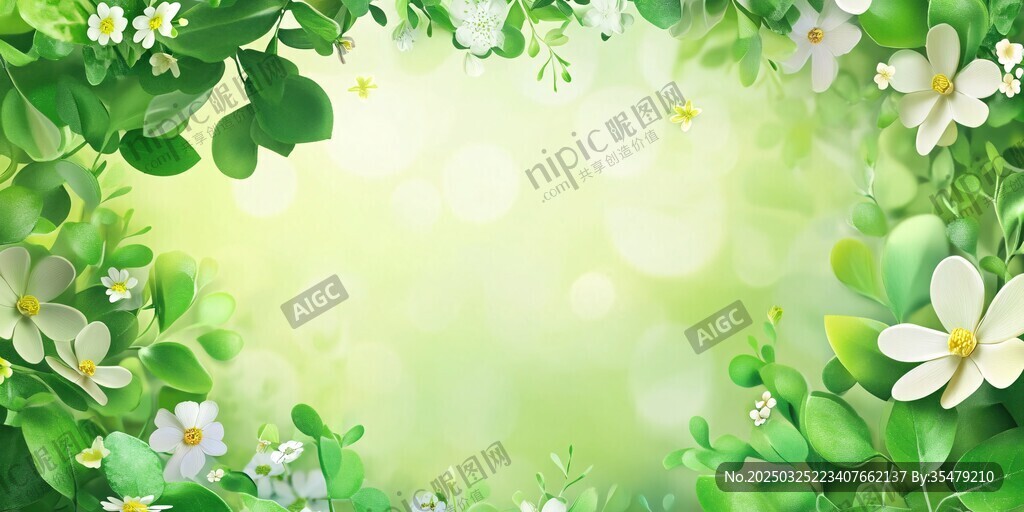 清新綠白花卉邊框背景圖