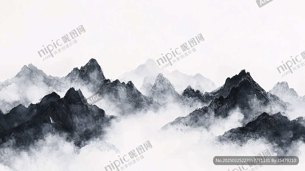 水墨山巒 云霧繚繞之景