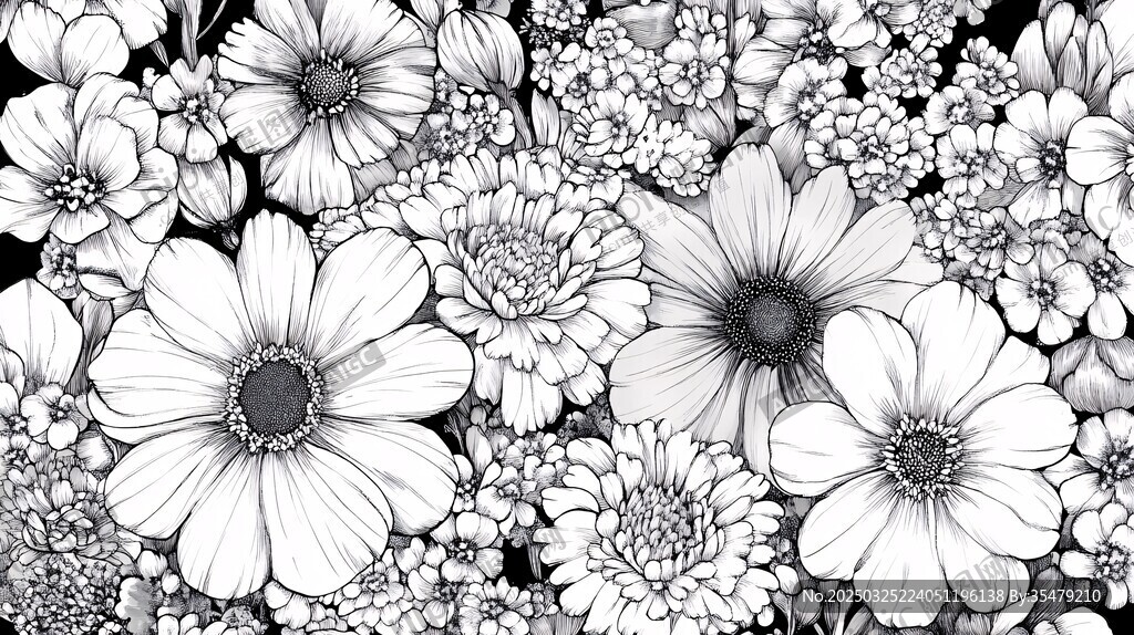 黑白花卉圖案插畫