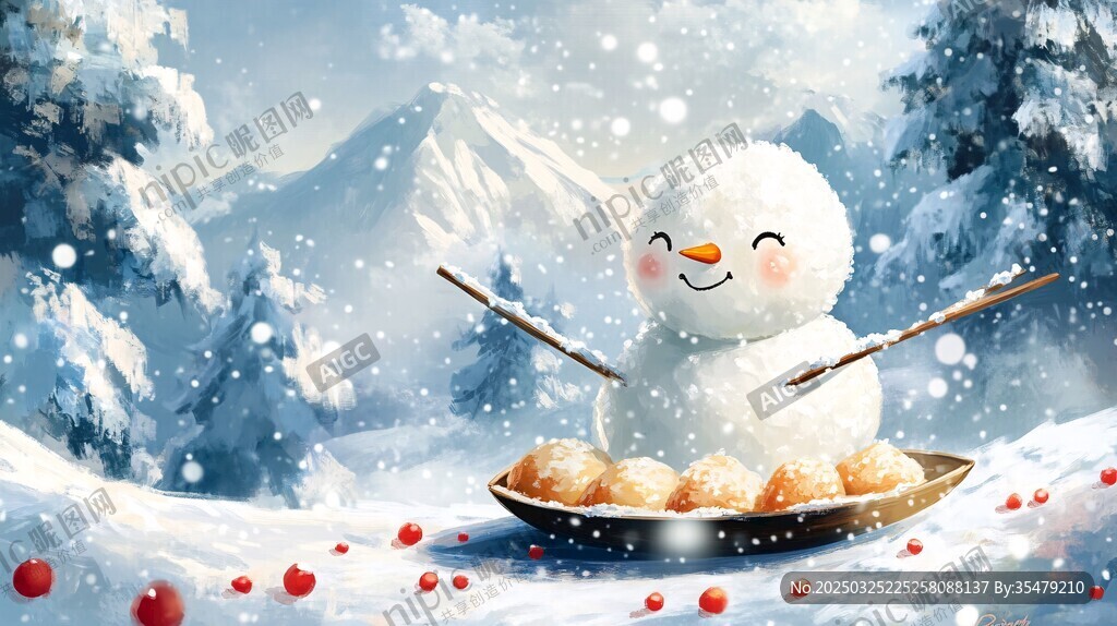 雪人賞雪吃美食的冬日景
