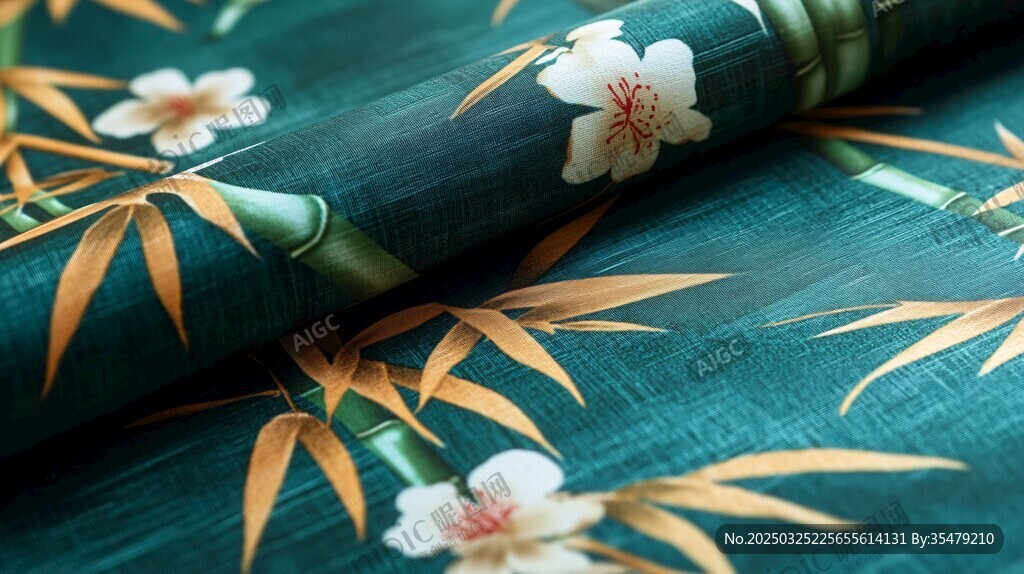 翠綠布料上的竹花圖案