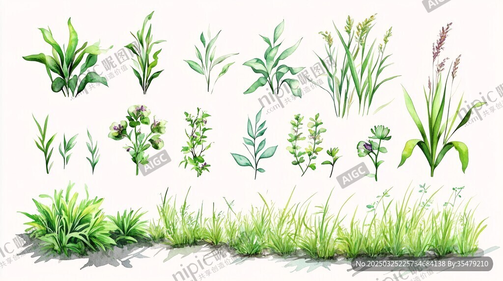 手繪清新多樣綠色植物組圖