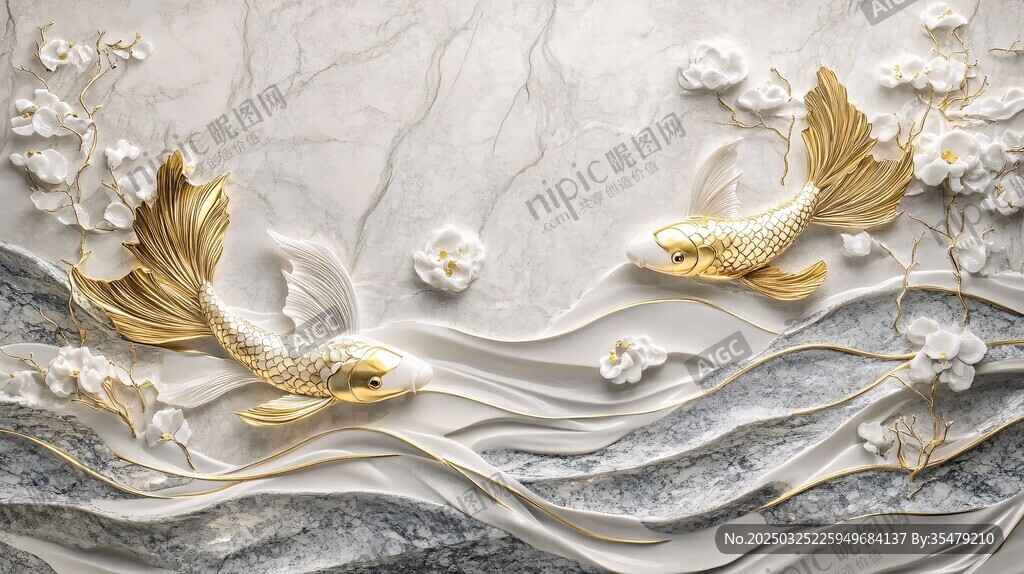 金鯉游花畔 雅致墻飾美