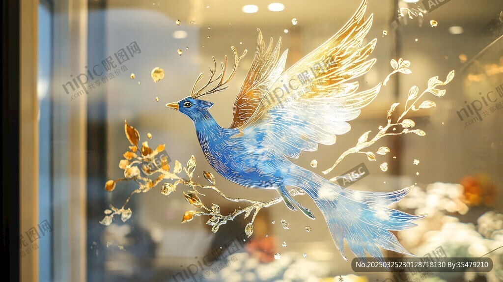 藍羽金翼飛鳥玻璃藝術畫