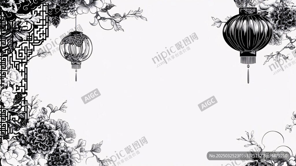 中式黑白風燈籠花卉邊框