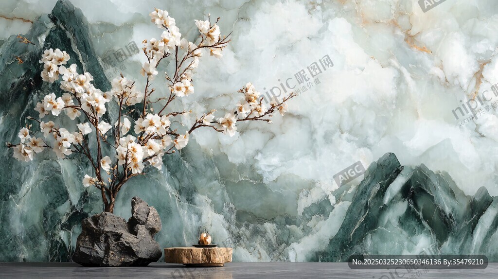 中式山水前的雅致花卉擺件