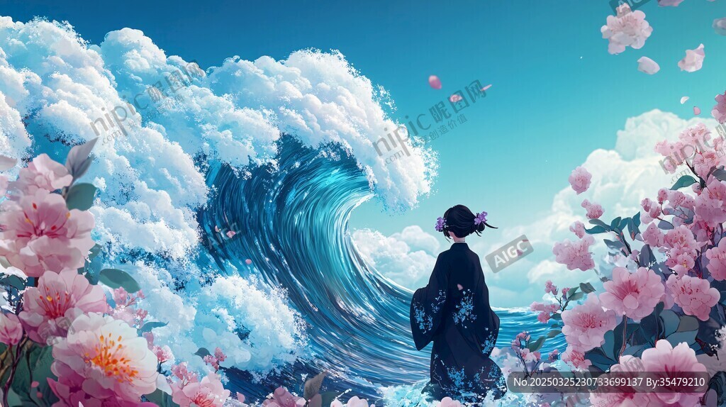 少女賞景于花海與巨浪間