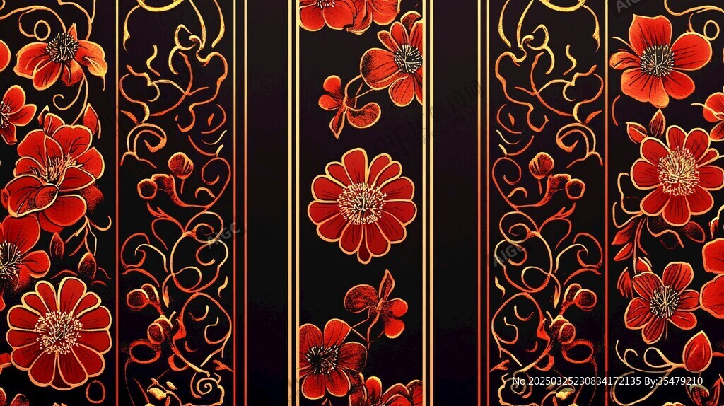 中式紅金花卉紋飾背景圖
