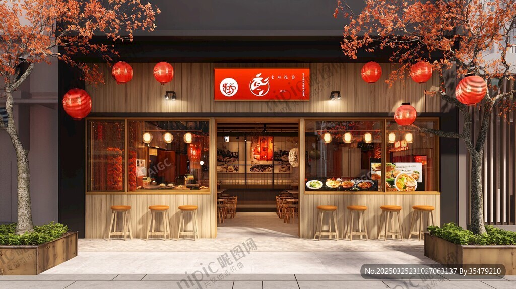 中式溫馨面館外觀場景