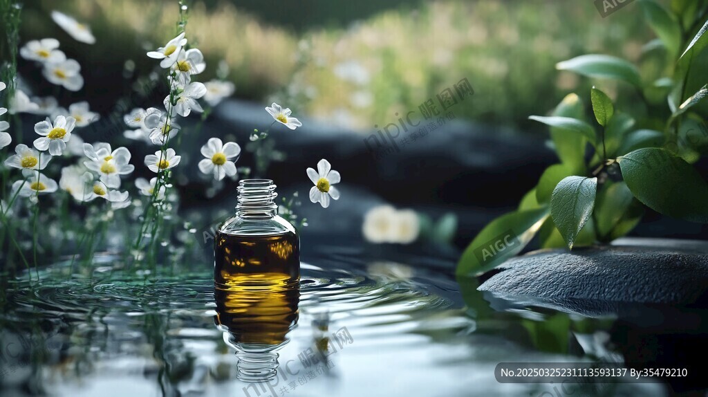 水中精油瓶與爛漫小花