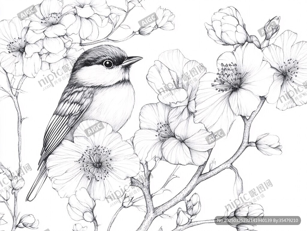 花鳥素描圖 小鳥棲于繁花間