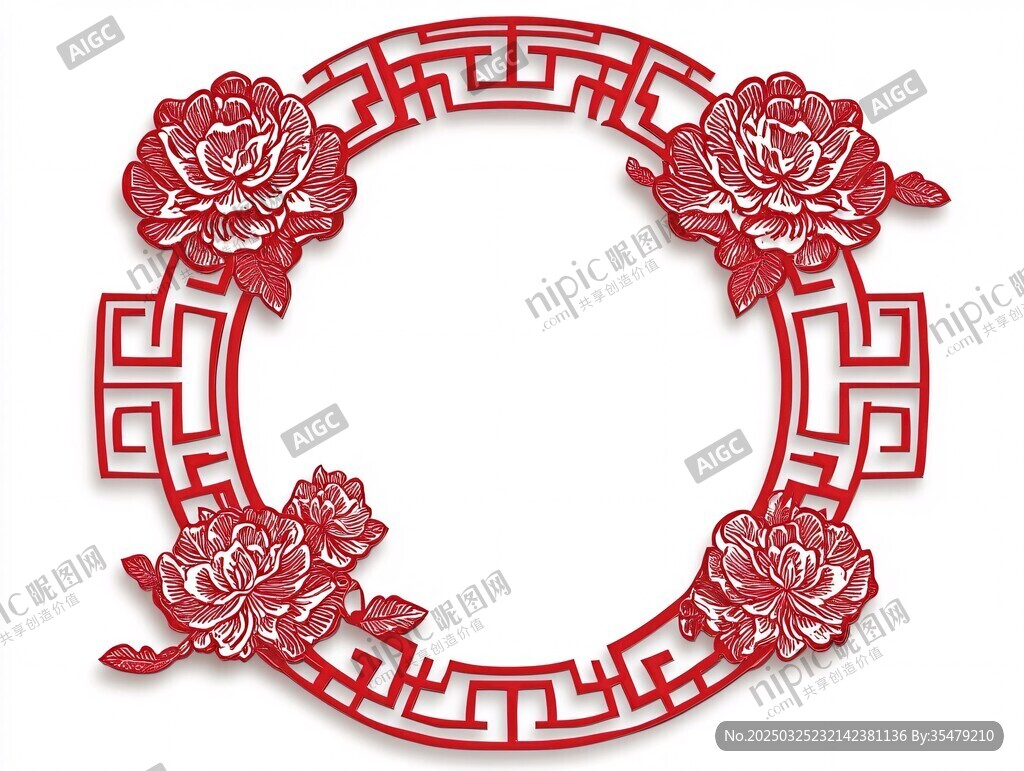 中式牡丹花紋圓形邊框