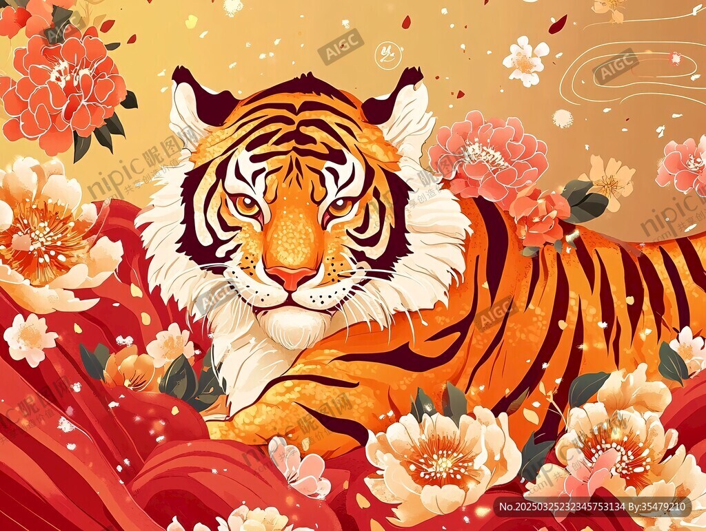 虎臥繁花間 盡顯祥瑞