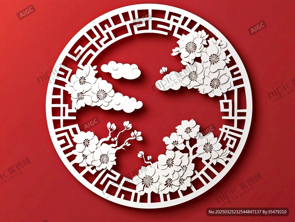 中式圓形雕花 紅梅祥云圖案