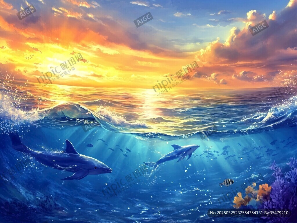 夕陽下海豚暢游的夢幻海洋