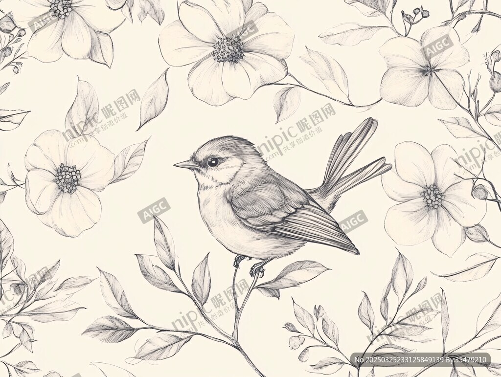 花鳥素描圖案 清新自然風
