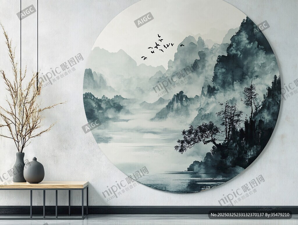 中式山水圓畫室內(nèi)裝飾