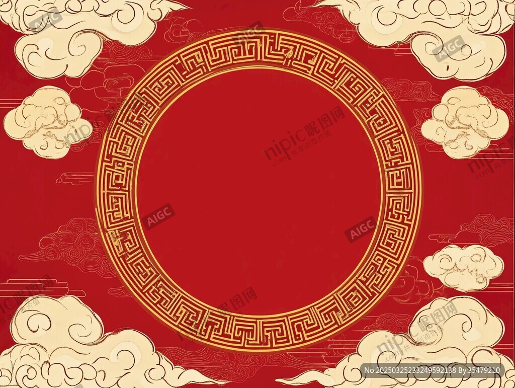 中式紅底云紋圓形邊框背景