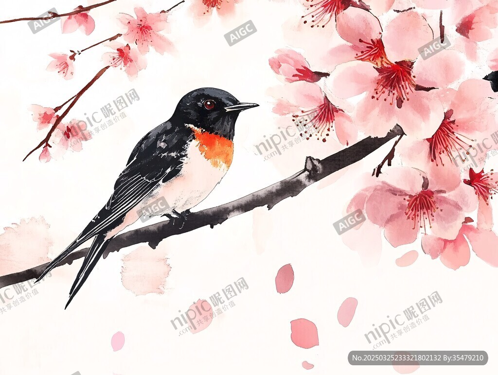 枝頭春燕伴繁花