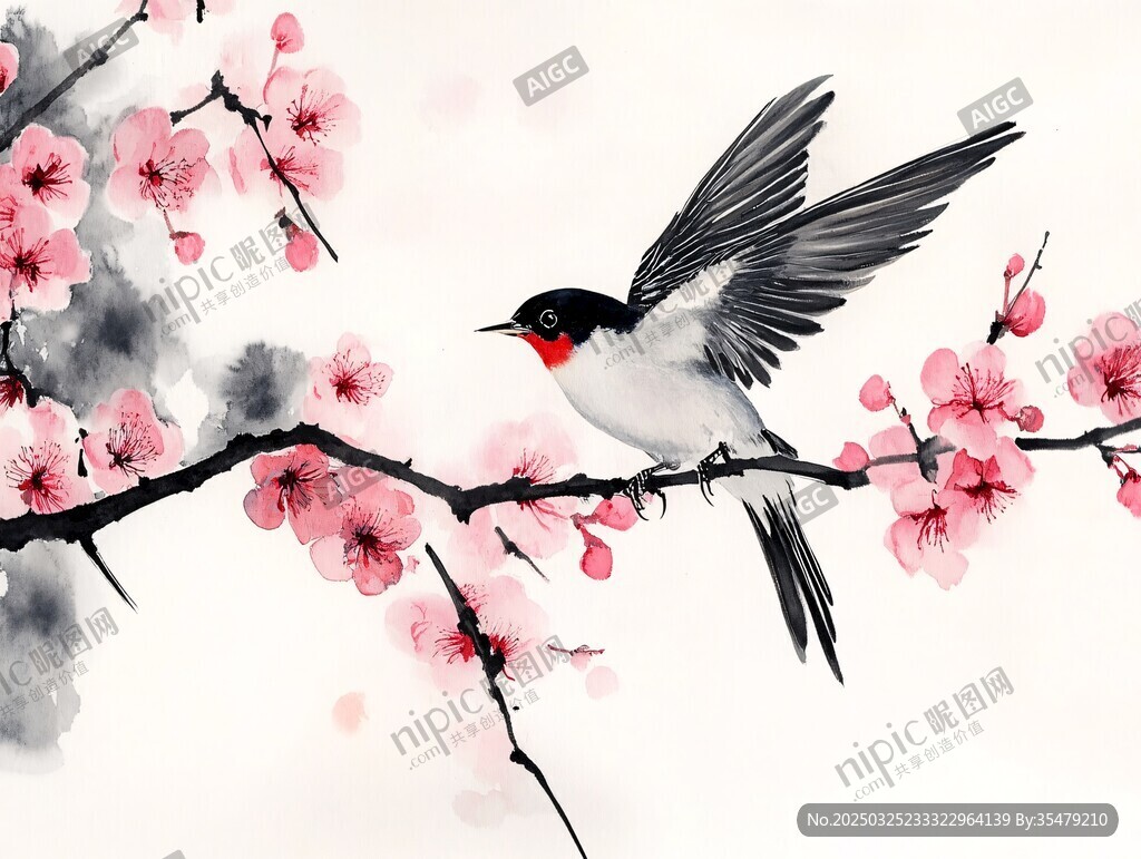 燕子棲于盛開的花枝間