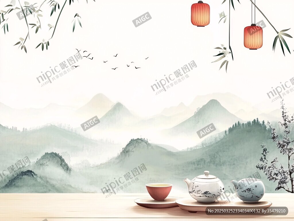 中式山水間的茶具雅致景