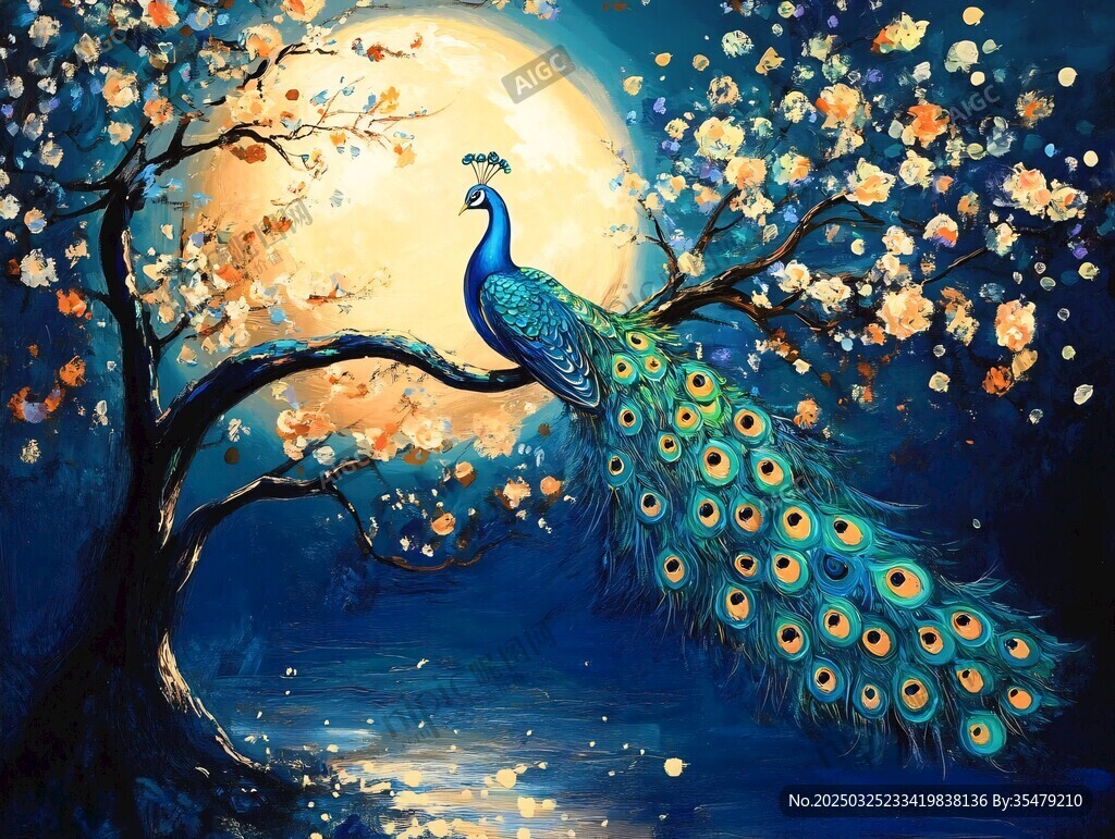 月夜孔雀棲繁花枝頭