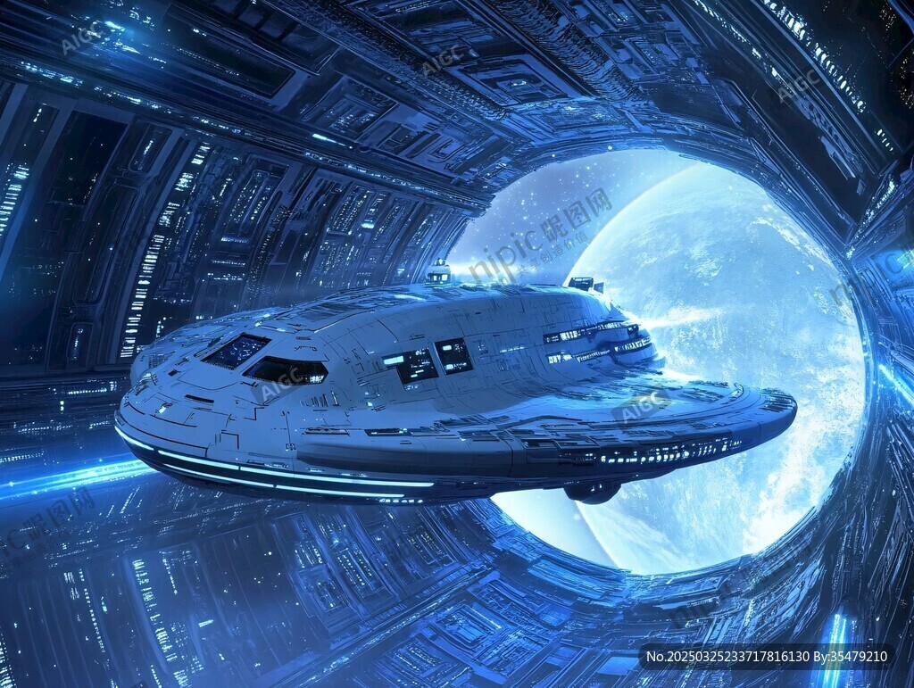 未來宇宙飛船穿越太空隧道