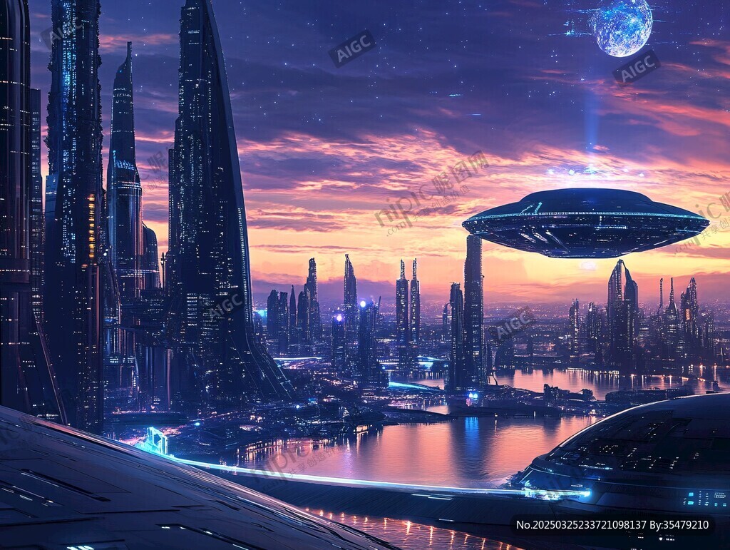 未來都市的外星飛船景觀
