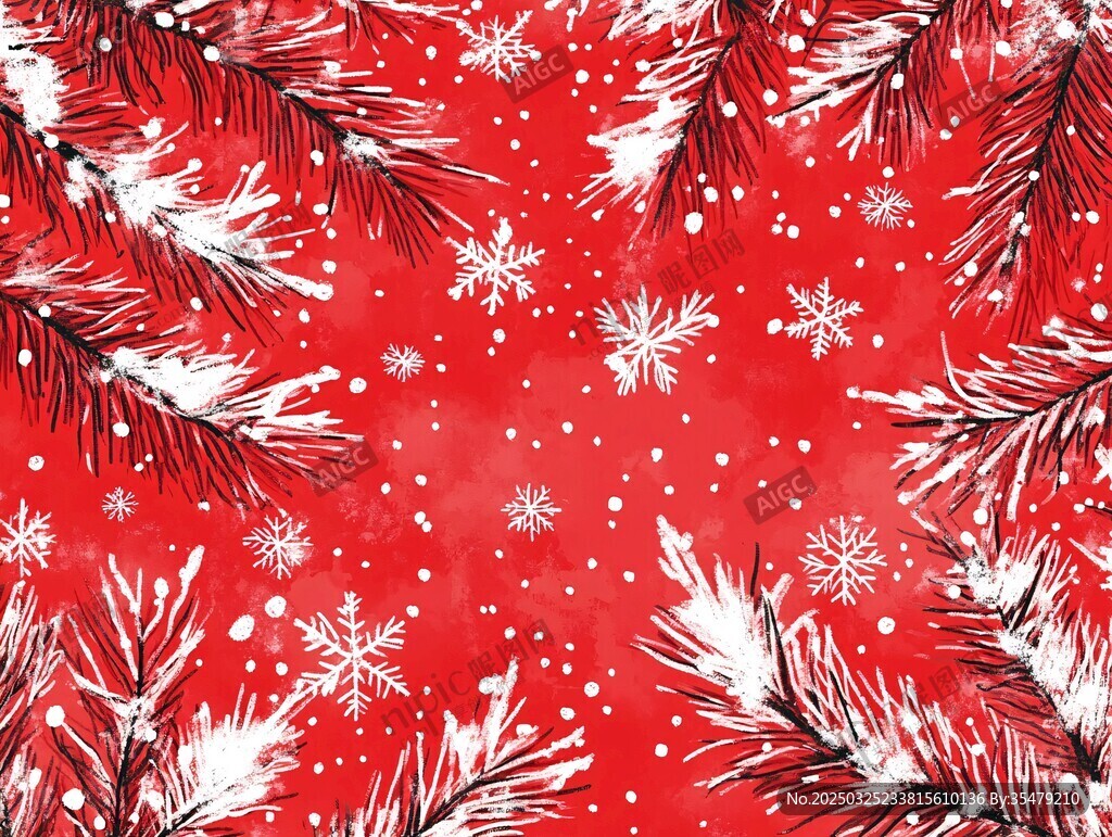 紅色圣誕松枝雪花背景圖