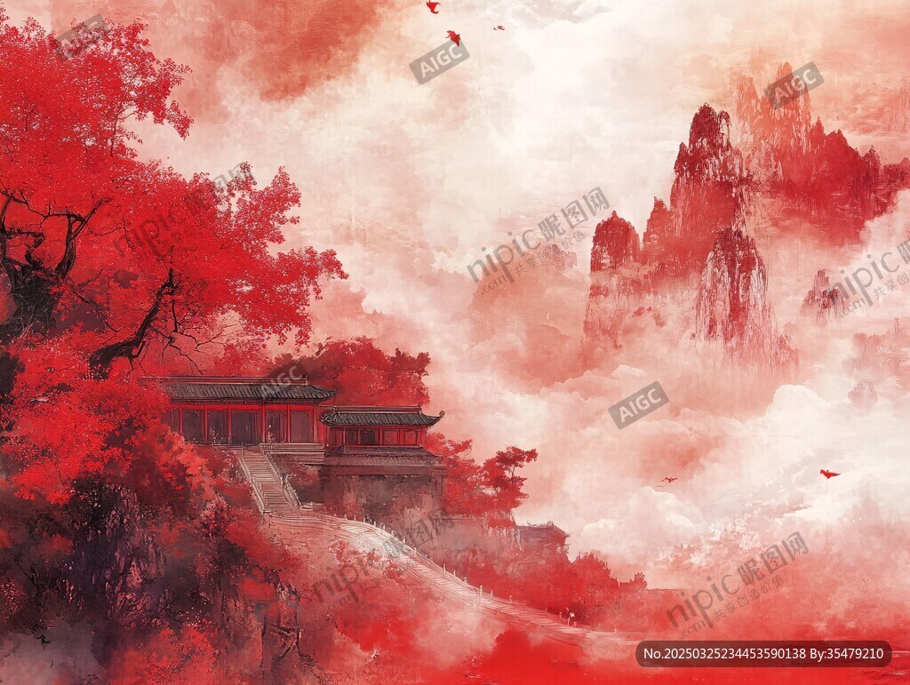 赤韻山水間的古韻樓閣